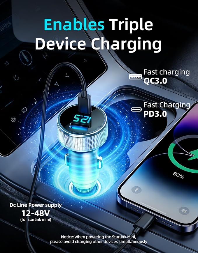Starlink Mini Cable, 3 in 1 Starlink Mini Car Adapter DC Power Cable and Cigarette Lighter Adapter 12V-48V with Voltage Display, Durable USB-C PD 45W and USB-A 35W Ports，Suitable for Cars（16.4FT）