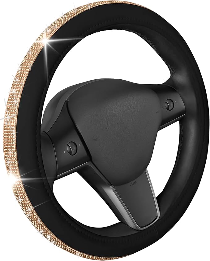 Carbella Leatherette Crystal Bling Steering Wheel Cover for Car SUV, Glitter Sparkle Rhinestone Cute Car Accessories for Women Universal Fit Standard Size (Fits 14.5"-15") - Black w/ Gold Bling