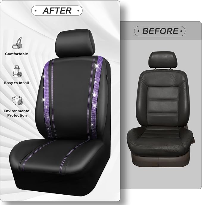 CAR PASS Leather Diamond Bling Car Seat Cover 2 Front Interior Sets, Waterproof Universal Shining Glitter Crystal Sparkle Fit for 95% Automotive Truck SUV Cute Women Girl, Black Purple Rhinestone