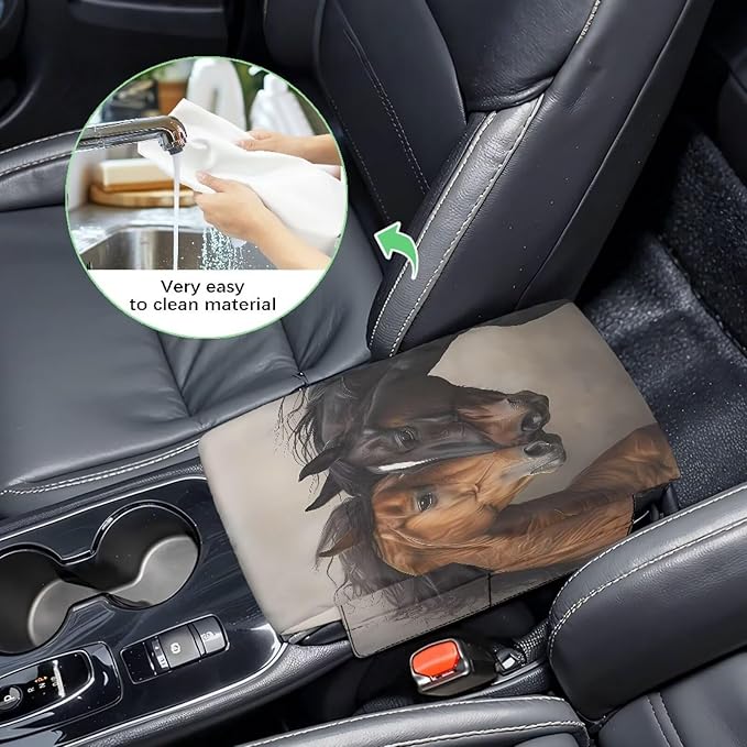Wanyint Brown Black Horse Car Center Console Pad Soft Non-Slip Armrest Cover Lid Anti-Scratch Car Side Storage Box Pad with 4 Storage Bags Car Decoration Accessories for Women Men