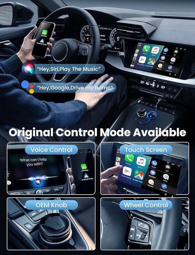All-in-One Wireless Carplay & Android Auto Adapter with Fast Car Charger - 3 in 1 Cable for Stable Voltage, Enhanced Carplay/Android Auto Data. 48W, Dual USB C & A Ports