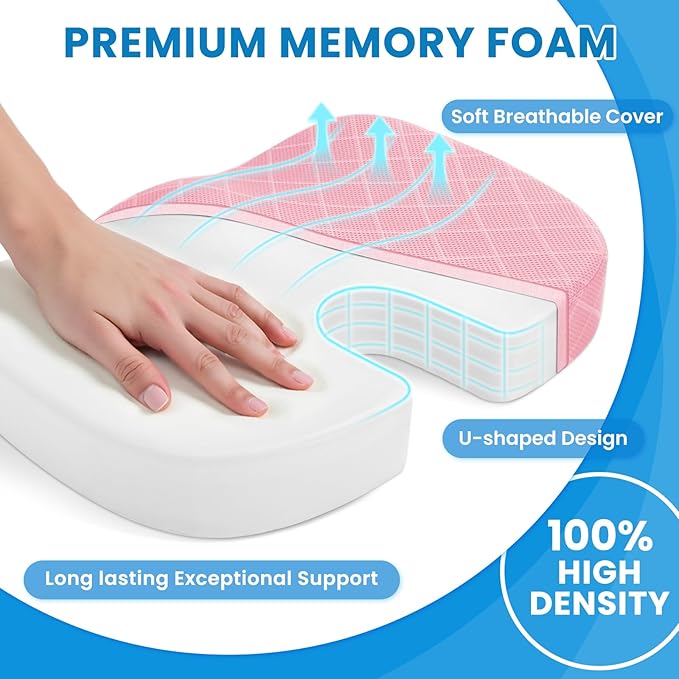 TushGuard Office/Car Seat Cushion, Non-Slip Sciatica & Back Coccyx Tailbone Pain Relief Chair Pad, Memory Foam Butt Pillow for Computer Desk, Wheelchair, Driving (Pink, XX-Large)