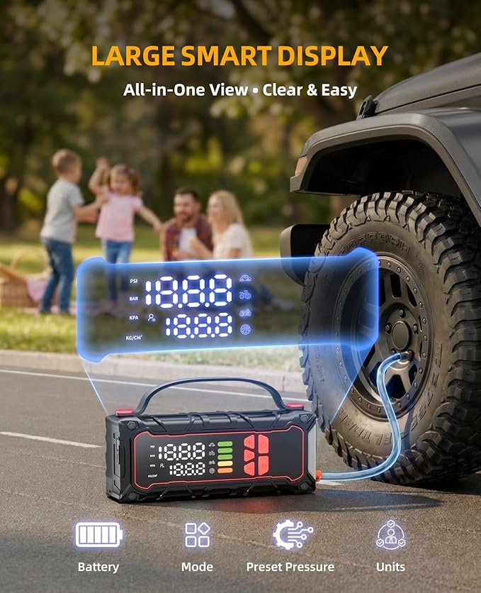 5000A Car Battery Jump Starter with Air Compressor 160PSI, Car Battery Charger 7.0L Gas/6.0L Diesel, Jumper Box for Car Battery with Tire Inflator & Power Bank& Jumper Cables, Mother's Day