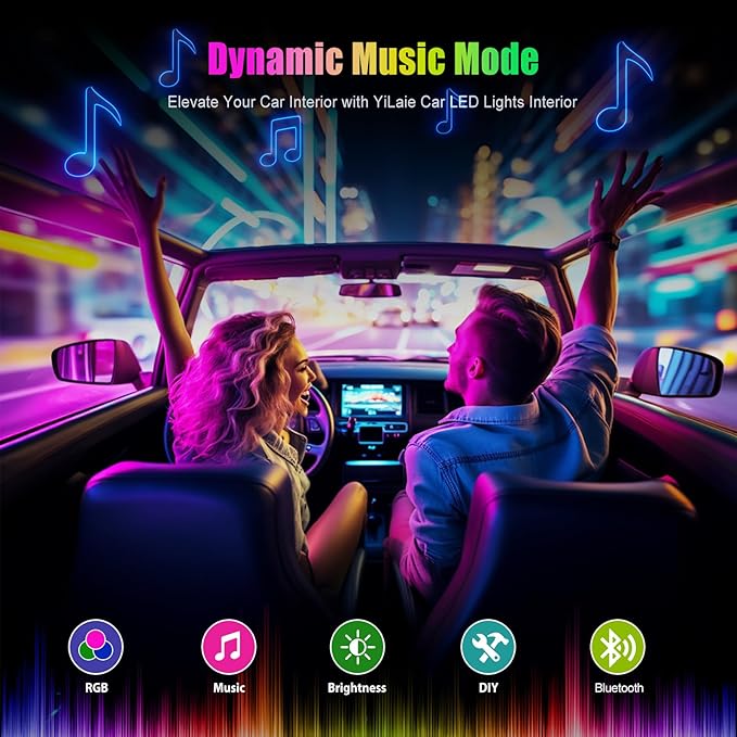 Yilaie Car Lights Interior, Multcolor RGB Interior Lights with APP Control and Music Sync, USB Under Dash Lighting Kit with Charger Dc 5v, Car Accessories for Women