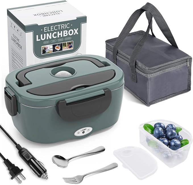 Electric Lunch Box Food Heater, 3 in 1 Ultra Quick Heated Lunch Boxes for Adults, 12V/24V/110V Portable Food Warmer for Car/Truck/Office With Fork Spoon and Insulated Carry Bag