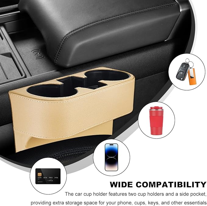 Car Seat Gap Filler Organizer, Multifunctional Auto Console Side Storage Box with Cup Holder, Universal PU Leather Cup Holder Front Seat Crevice Filler for Car Truck SUV (Beige)
