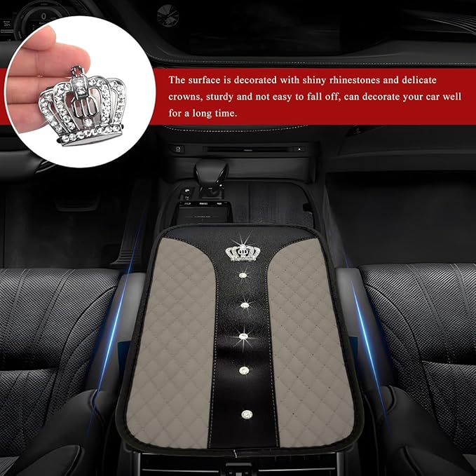 Bling Leather Car Center Console Cover, Anti-Slip Crown Armrest Seat Box Cushion Pad with Rhinestones, Waterproof Crystal Arm Rest Protector Interior Decor for Most Vehicles (Gray)