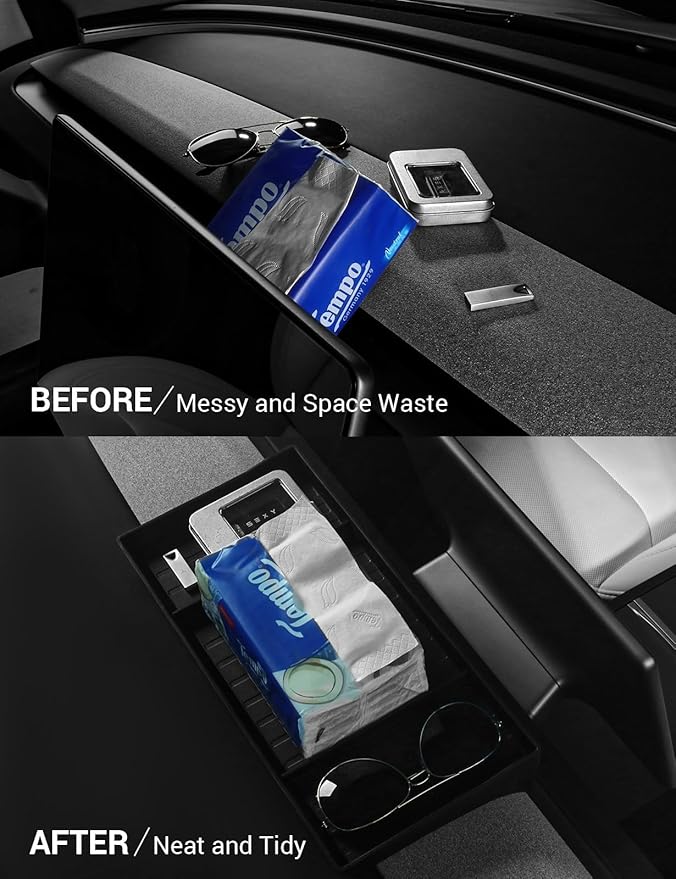 BASENOR 2026 Tesla Model Y/3 Dashboards Behind Screen Storage, Center Console Hidden Organizer, Tissue Sunglasses Holder for 2025 2026 Model Y Juniper 2024-2026 Model 3 Highland