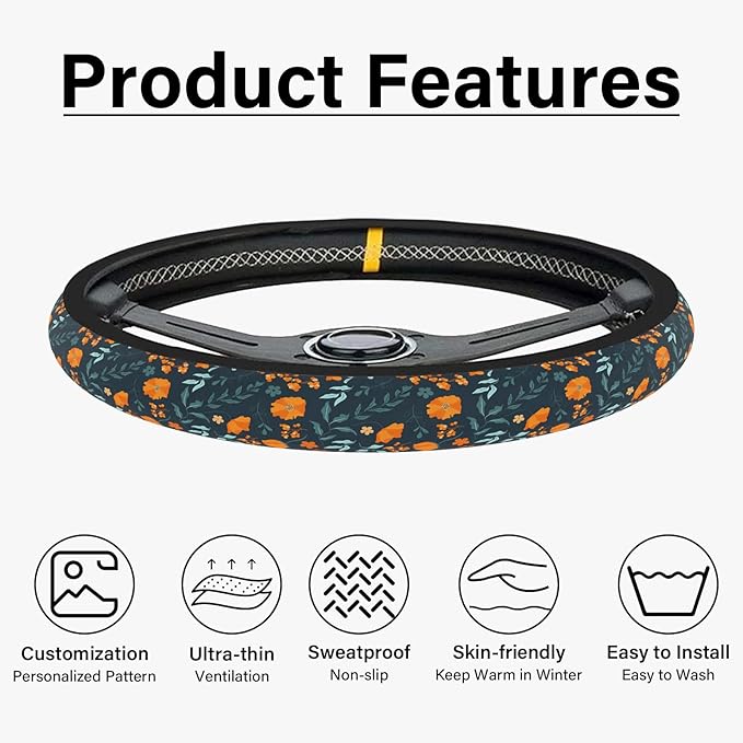 Orange Wildflowers Steering Wheel Cover, Cute Print Steering Wheel Cover Protector, Ultra Thin Breathable Non-Slip, Car Accessories for Women, for Steering Wheel with a Diameter of 14.5"-15"