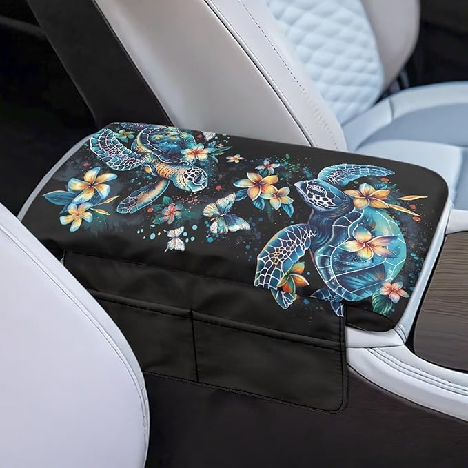 Dreaweet Sea Turtle Arm Rest Cover for Car Thick Center Console Cover with Pockets,Turtle Car Accessories Armrest Cover for SUV Truck Universal Center Console Armrest Pad