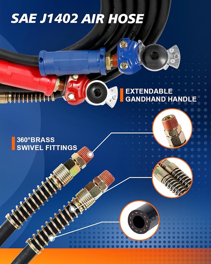 TIROL 12FT Semi Truck Air Lines Kit - Air Lines for Semi Truck, Trailer, Brake Hoses with Gladhands & Leak-Proof Seals, Compatible with Freightliner Cascadia, Essential for Texas Long Haul
