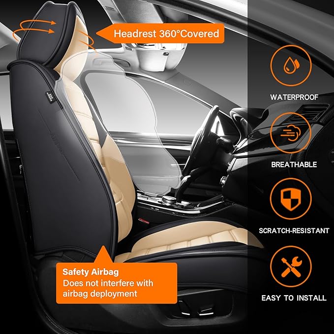 Seat Covers, Car Seat Covers Front Seats, Car Seat Cover, Car Seat Protector Waterproof, Car Seat Cushion Nappa Leather, Beige Seat Covers Carseat Cover Universal Fit for Most Cars