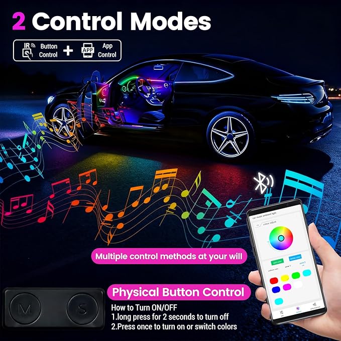Dream Color Acrylic Interior Car Ambient Light Kit, Bphuny 30 in 1 593 LEDs Fiber Optic Multiple Modes Decoration Atmosphere Lights with Music Dynamic Rainbow Rhythm, RGB Neon Lights for All Cars