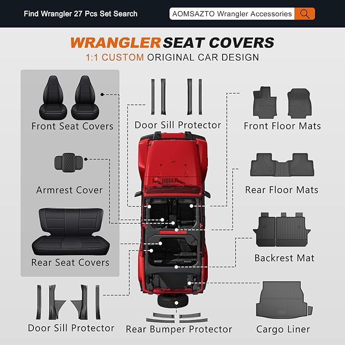 AOMSAZTO Custom Fit Seat Covers for Jeep Wrangler 1997 1998 1999 2000 2001 2002 Waterproof Car Seat Covers Full Set Black