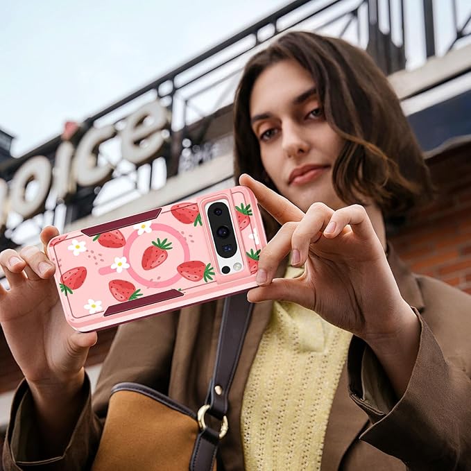 for Google Pixel 8 Pro Case - Compatible with MagSafe Women Girls Cute Magnetic Protective Cover Girly Kawaii Strawberry Heavy Duty Shockproof Design for Google Pixel 8 Pro Phone Cases