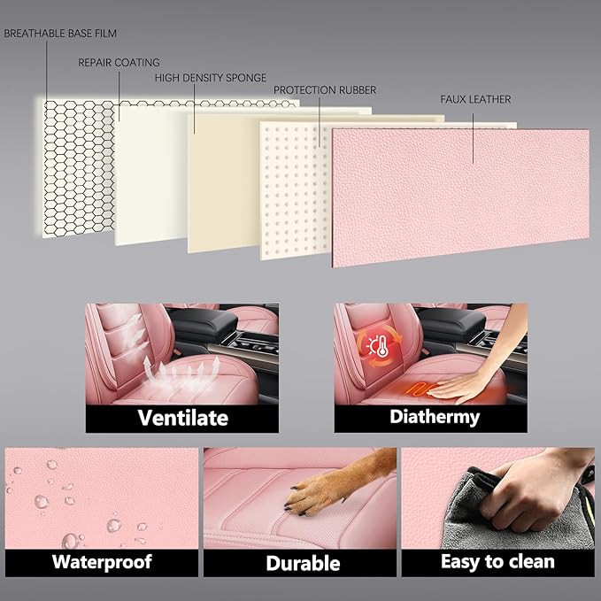 Full Coverage Faux Leather Car Seat Covers Full Set,Automotive Seat Covers for Cars,SUVs Pick-up Truck, Car Seat Cushion, Pink Seat Covers,Front Seat Cover,Car Seat Protector