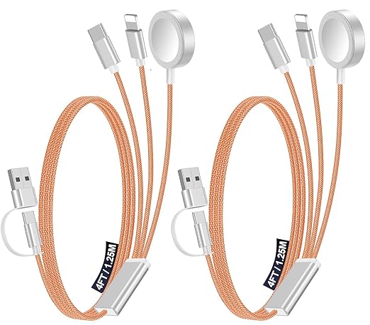 2Pack Multi Charging Cable Cord for Travel Essentials,Apple Watch Charger,iPhone Charger,[3-in-2] Type C/L Cable Portable Designed for iWatch,iPhone 17-8,Galaxy S25-21,AirPods,iPad-4FT Orange