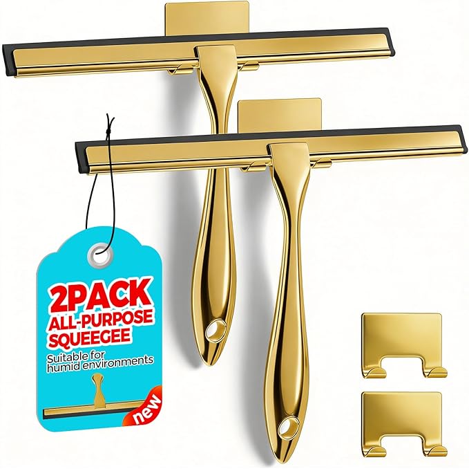 ALFLOD 2PACK 10-Inch Golden All-Purpose Shower Squeegee for Shower Doors, Bath Linen Sets, Tile Shower Walls, Bathroom, Window, Glass and Car Windshield, Mirrors and Kitchen-Stainless Steel
