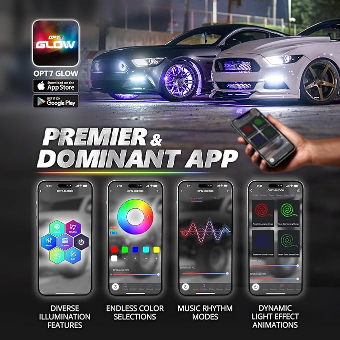 OPT7 Aura Pro Wheel Well Lights Kit with APP & Remote Control, 4pc 24" Waterproof LED Strips, Music Sync, RGB Multi-Color Modes Neon Tire Rim Lights for Car Truck SUV Van