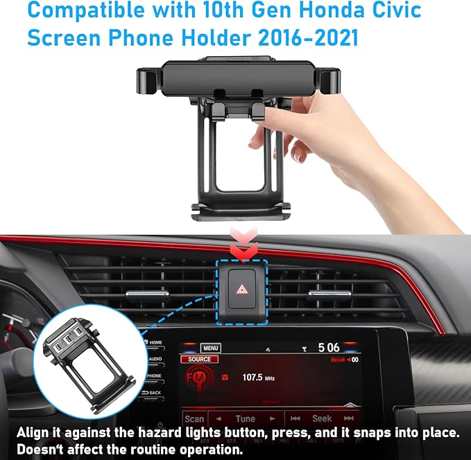 Compatible with Honda Civic Phone Holder 2016-2021,Mount Hazard Light Slot,for 10th Gen Civic Air Vent Phone Mount Anti-Shake,Civic Cell Phone Holder Mount-360 Degree Rotation Civic Phone Mount