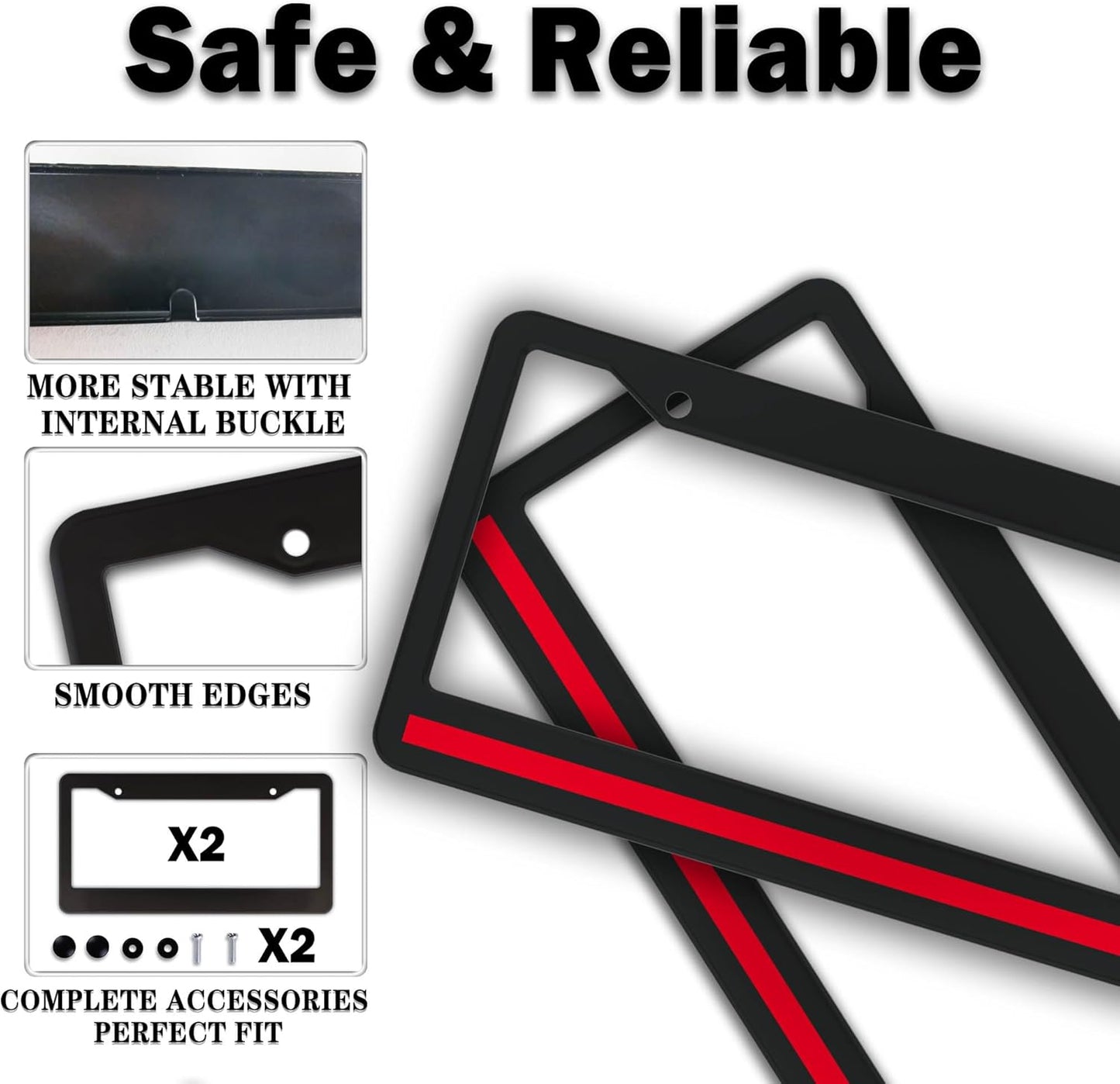 License Plate Cover Black and Red License Plate Frames Firefighter Red Line Flag Universal Aluminum Car Accessory 2 Pack with Screw Covers Set
