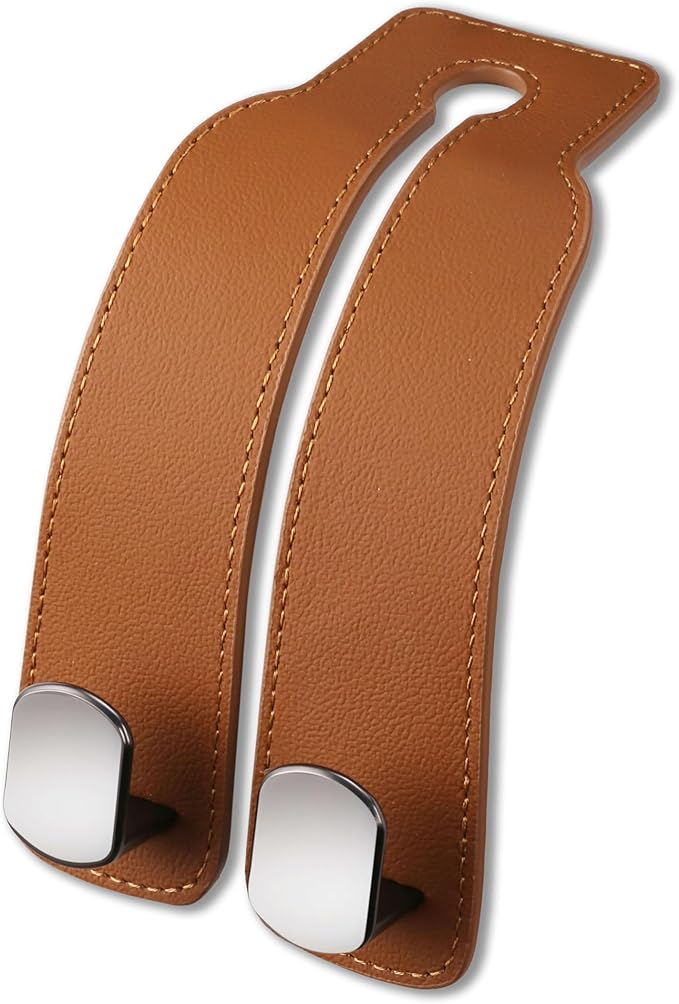 Genuine Leather Car Purse Hook - Flexible Car Seat Back Storage Hook for Purses and Bags, Universal Headrest Hooks for Car, Upgraded Car Purse Holder Hanger for Head Rest (Brown-1 Pack)