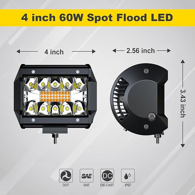 LED Light Bar 4PCS 4'' Inch White/Amber Yellow LED Pods Equivalent to 240-Watt Strobe Light Driving Fog Lights Triple Row Off Road Lights with Six Modes for SUV ATV UTV Trucks Pickup Lamp
