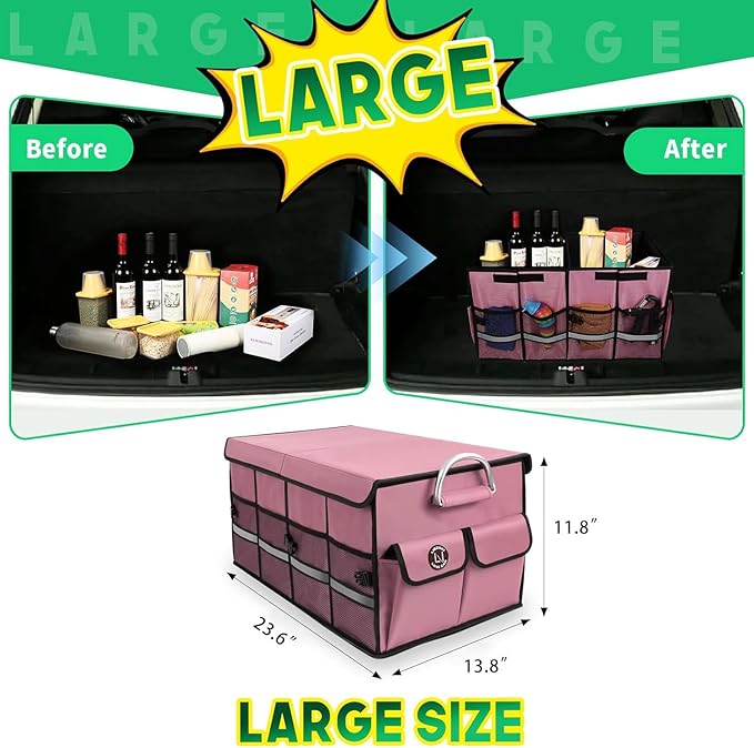 Car Trunk Organizer, Cargo Organizer SUV Trunk Storage Non Slip Bottom Waterproof Collapsible Durable Multi Compartments-(Standard,Pink)