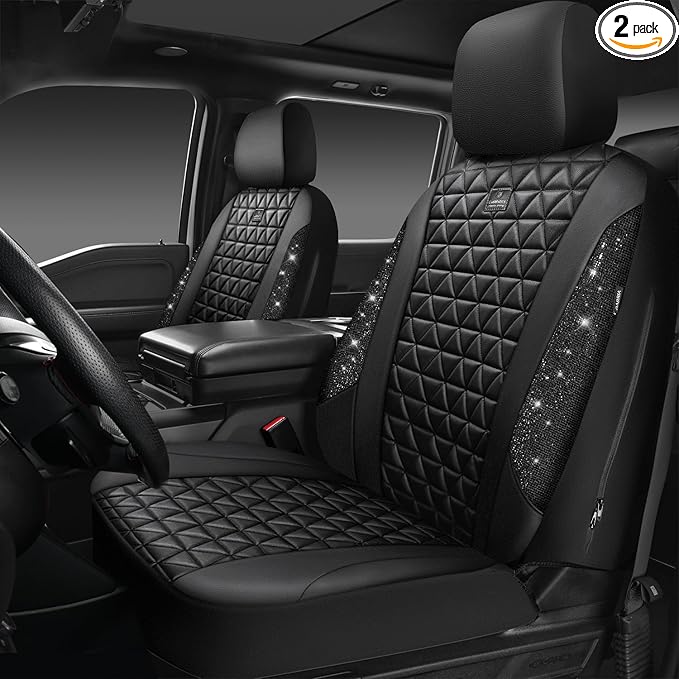 CAR PASS Bling Diamond Leather Car Seat Covers 2 Front Seats Interior Sets, Waterproof Shining Glitter Sparkly Crystal Universal Armrest Fit Automotive Truck SUV Cute Women Girl, Black PU Rhinestone