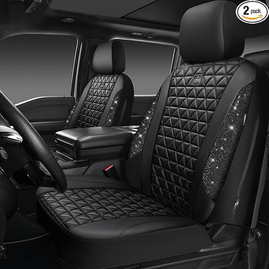 CAR PASS Bling Diamond Leather Car Seat Covers 2 Front Seats Interior Sets, Waterproof Shining Glitter Sparkly Crystal Universal Armrest Fit Automotive Truck SUV Cute Women Girl, Black PU Rhinestone