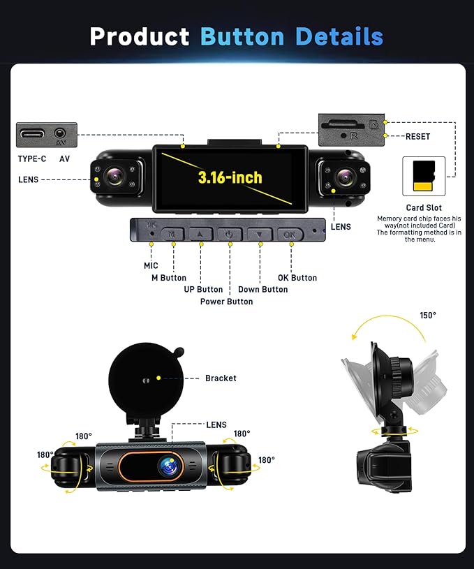 4 Channel 360° Dash Cam Front and Rear Inside Left Right, 3.16 Inch FHD 1080P IPS Dashcam Supports Night Vision, Loop Recording, 24/7 Recording Parking Mode Monitor, Reverse View
