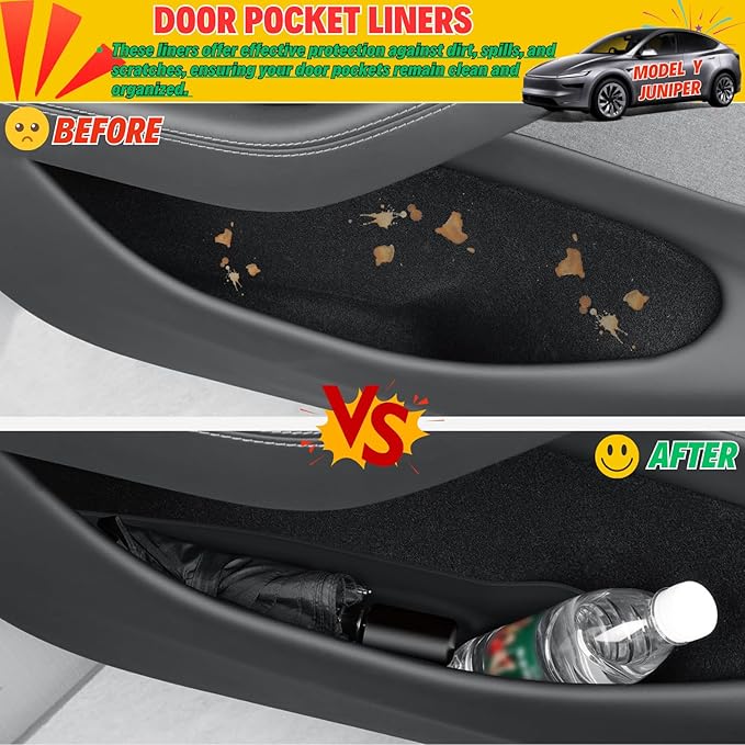 Front Rear Door Pocket Liners Compatible with 2025 2026 New Tesla Model Y Juniper Side Door Organizer Tray Inner Storage Insert Protector Interior Accessories - TPE Material, Black, 4 Pieces