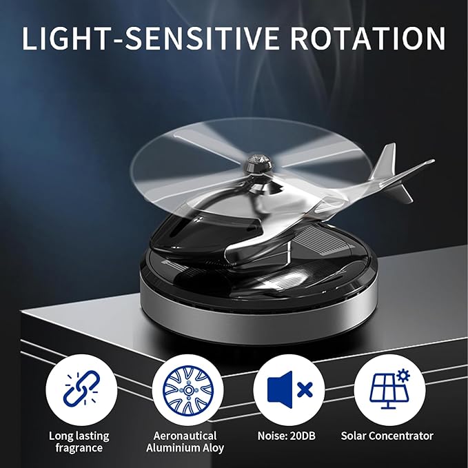 Car Air Freshener, Helicopter Solar Energy Rotating Aromatherapy Al Alloy Diffuser,Long-Lasting Fragrance, Interior Decoration Accessories Diffuser for Car and Home（Silver）
