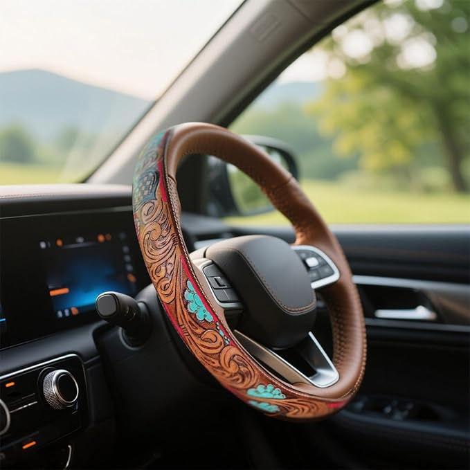 Steering Wheel Cover Western Car Tooled Leather Retro Cowboy Car & Truck Accessory, Universal 15 Inch Non Slip Wheel Cover for SUV, Pickup, Comfortable Grip, Easy to Install (Coffee)