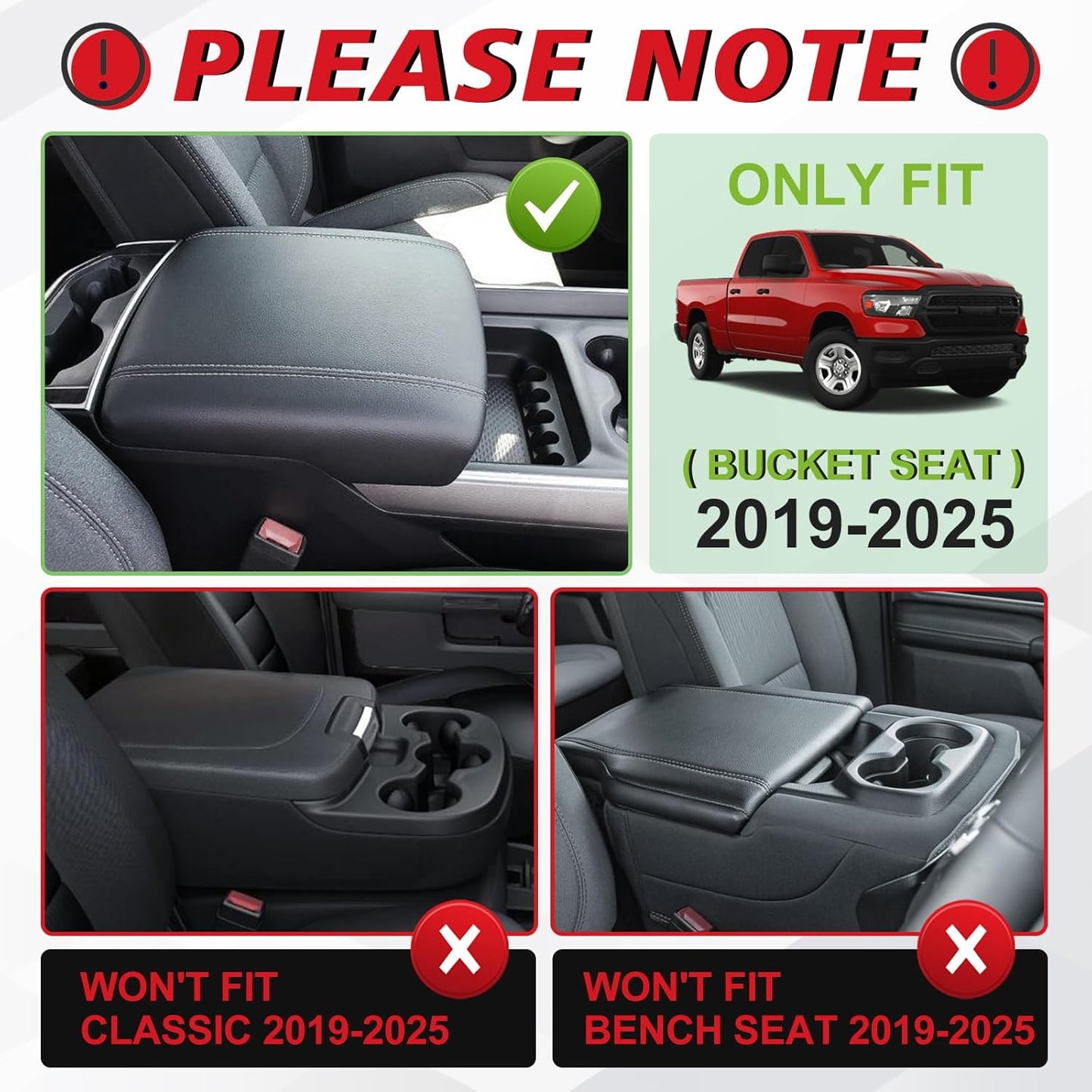 Muslogy Center Console Armrest Cover Compatible with Dodge Ram1500 2500 3500 2019-2025 Comfort Armrest Pad Arm Rest Cushion Vegan Leather Protector 1-Inch Extra Thick(Bucket Seat ONLY, NO FOR LIMITED)