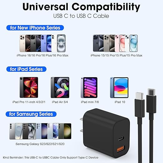 iPhone 17 16 15 Charger Fast Charging,20W USB C Wall Charger Block with 10ft Type C to C Cable Cord for Apple iPhone 17/17 Pro/17 Pro Max/17 Air/16/16 Plus/16 Pro/16 Pro Max/15 Pro Max/iPad Pro Black