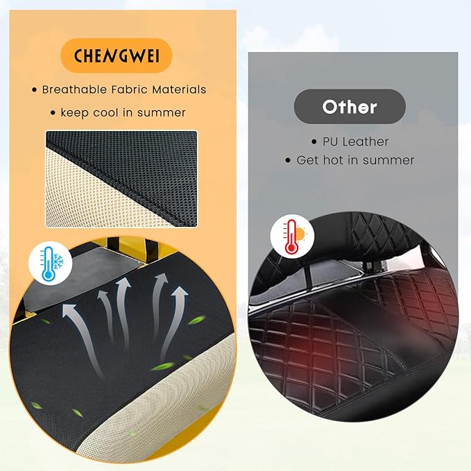 Golf Cart Seat Covers 2 Piece Front and Rear Seat Covers Sets for EZGO TXT RXV and Club Car DS 2000 and UP Standard Seat Cushion,Replacement Cooling Breathable Washable No Stapler Needed(Black&Beige)