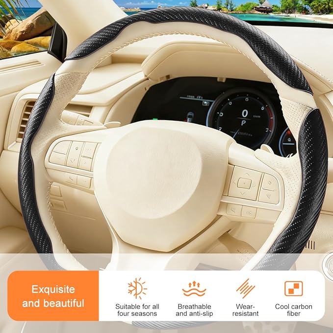 3PCS Carbon Fiber Car Steering Wheel Cover, Leather Segmented Anti-Skid Steering Wheel Protector, Snap on Automotive Interior Protection Accessories, Universal for Vehicles (Black)