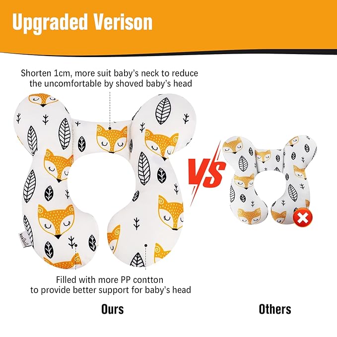 KAKIBLIN Baby Neck Pillow, Upgraded Baby Support Pillow for Head and Neck, Babies Head Pillow for Car Seat, Stroller, Pushchair,Travel(Yellow Fox)