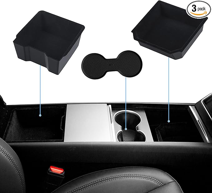 Center Console Organizer for 2026 Tesla Model Y Juniper Accessories & Model 3 Highland 2026-2024 Flocked Storage Organizer Set Center Console Box, Armrest Box and DIY Cup Mat