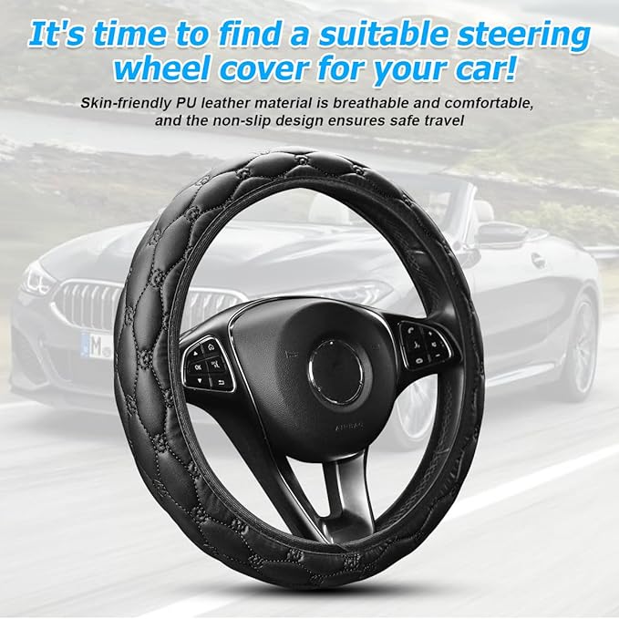 Car Steering Wheel Cover, PU Leather Non-Slip Lantern Pattern Vehicle Steering Wheel Cover Protection, Breathable Automotive Interior Protecter Accessories, Universal Fit (Black)