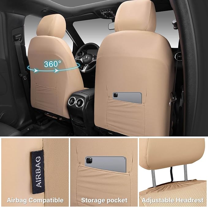 CAR PASS 3D Foam Mesh Leather Car Seat Covers Front Seats, Tan Breathable Front Seat Cover for Cars, Comfortable Universal Fit for SUV Truck Sedan Automotive Anti-Slip Airbag Compatible, All Beige