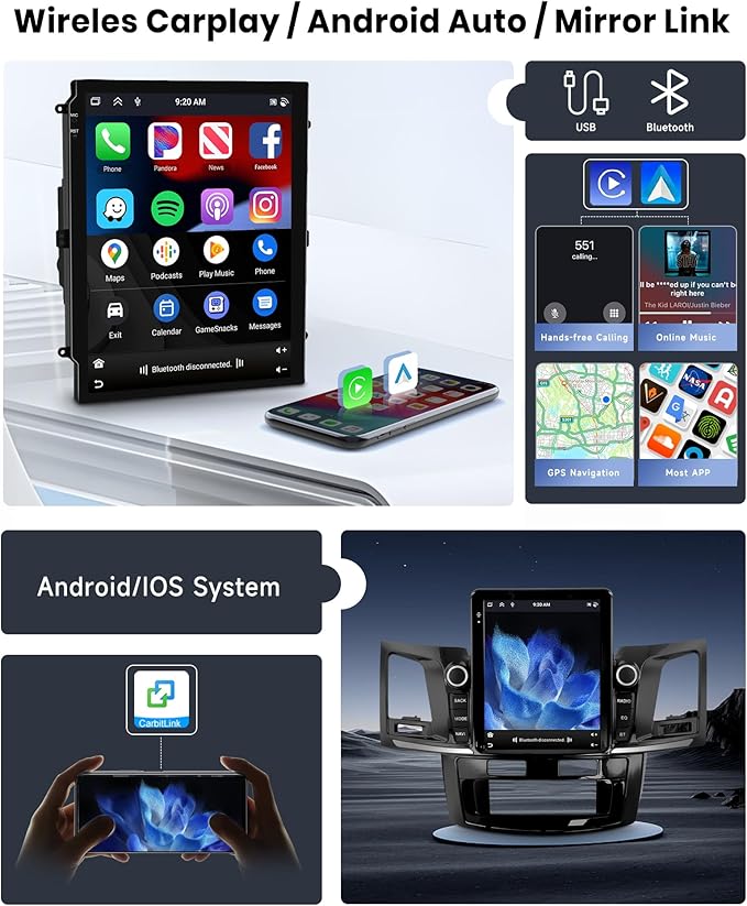 [8 CORE 4G+64G] Car Radio for Toyota Fortuner Hilux 2005-2014 with Wireless Carplay/Android Auto, 9.7 Inch Android 13 IPS Touch Screen Car Stereo, Bluetooth, GPS Navi, WiFi, SWC, DSP + Backup Camera