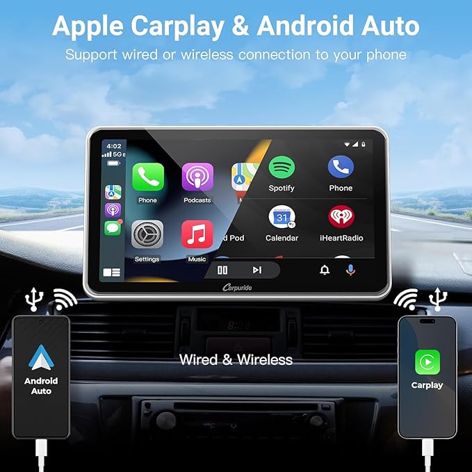 Carpuride Portable Wireless CarPlay Screen for Car- 7 Inch Car Play Screen Compatible with Android Auto and Apple CarPlay - Multimedia Player, Bluetooth, Navigation Screen for All Vehicles