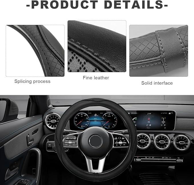 Car Steering Wheel Cover, 15 Inch Anti-Slip Breathable Leather Auto Steering Wheel Protector, Full Surround Soft Steering Wheel Cover for Men Women, Car Interior Accessories (Black)