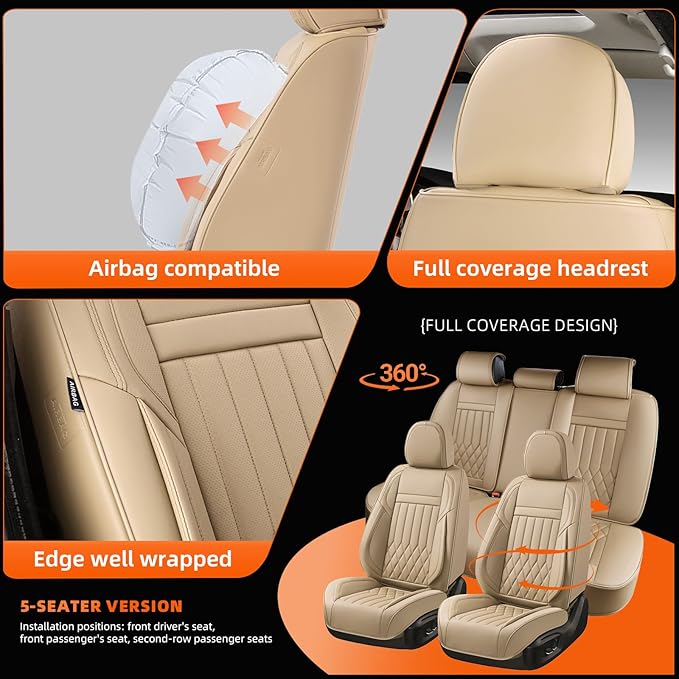 KEYOOG Universal 5-Seater Waterproof Breathable Nappa Leather Car Seat Covers Full Set, Fit for Front Rear Seats, Compatible with Hy-undai Sonata, To-yota Camry, Fo-rd F-150, Fit Most Sedans SUV Beige