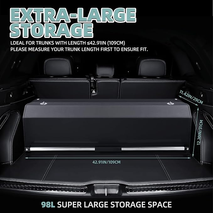 Car Trunk Organizer, Leather Trunk Organizer with LED Light Car Storage Box with Lid and Push-pull Handle Organizer Trunk Storage for SUV, Trunk, Minivan (Black, 42.9 x 11.4 x 12.2in)