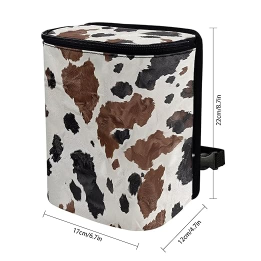 Brown Cowhide Car Trash Can with Lid, Cute Leakproof Car Trash Garbage Bag Hanging Vehicle Trash Bin Small Portable Automotive Garbage Cans Organizer for Back/Front Seat/Console