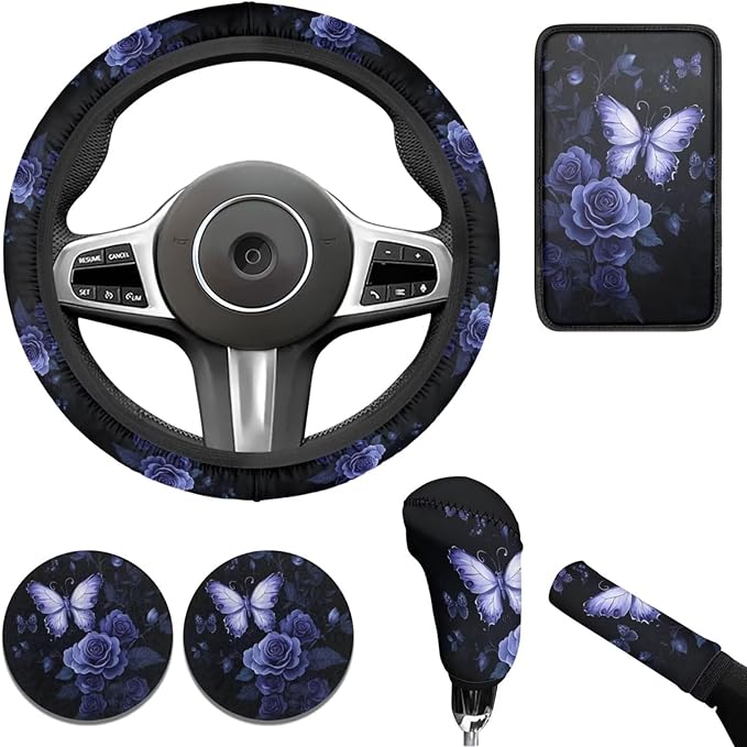 White Butterfly Steering Wheel Covers Set for Women Rose Flower Cup Coaster Armrest Cover Handbrake Gear Cover Suit for Most Cars Truck Vans SUV