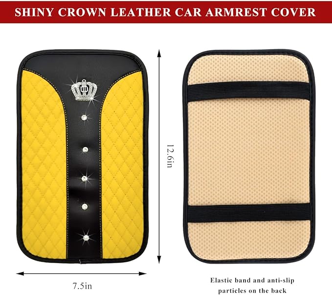Bling Leather Car Center Console Cover, Anti-Slip Crown Armrest Seat Box Cushion Pad with Rhinestones, Waterproof Crystal Arm Rest Protector Interior Decor for Most Vehicles (Yellow)
